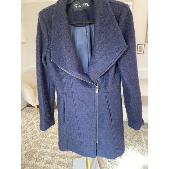 Guess Los Angeles Wool Coat Navy Asymmetrical Zip Quiet Luxury Cottagecore Trend - Picture 4 of 16